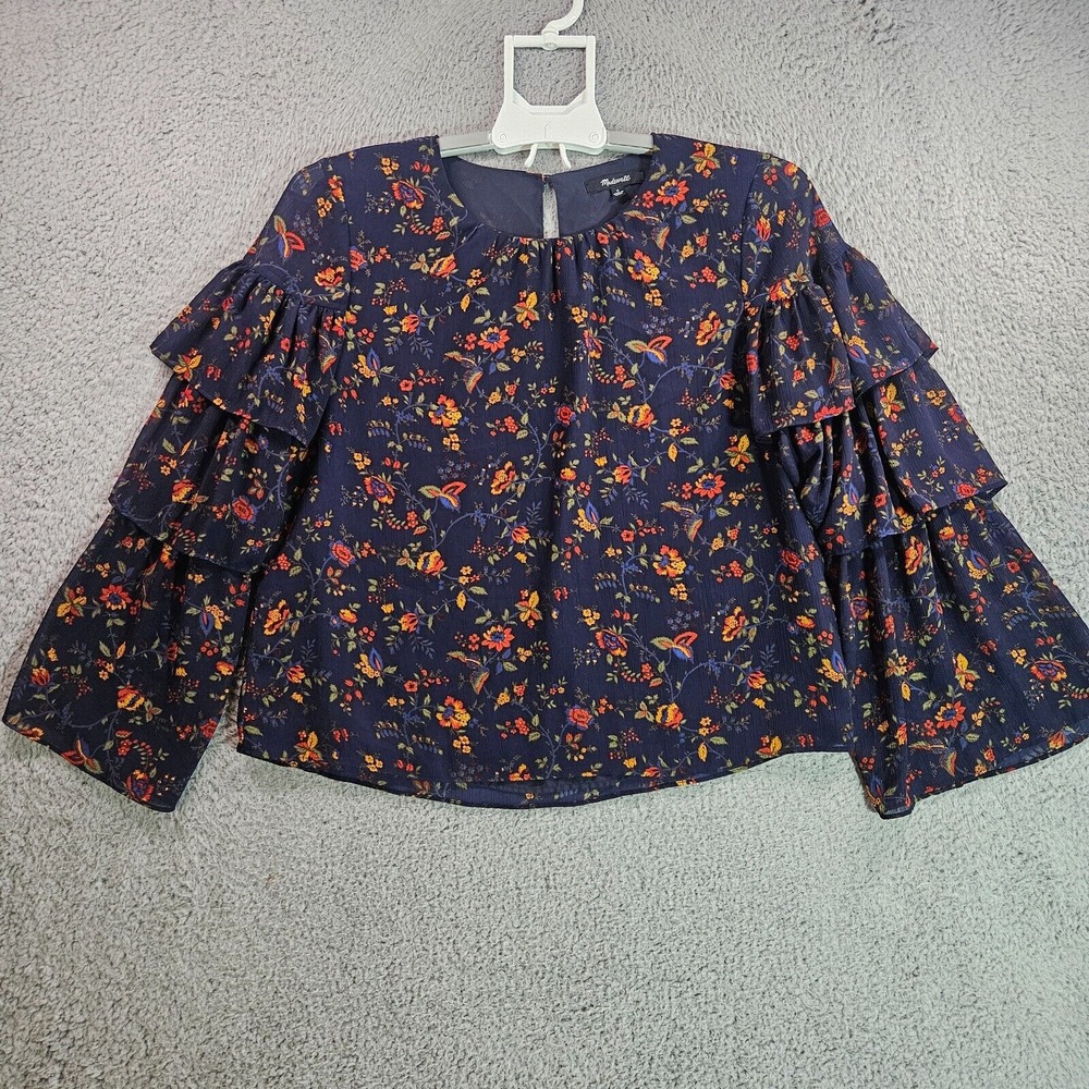 Madewell Top Blouse Women Small Cropped Floral Print Ruffle Sleeve Navy Blue